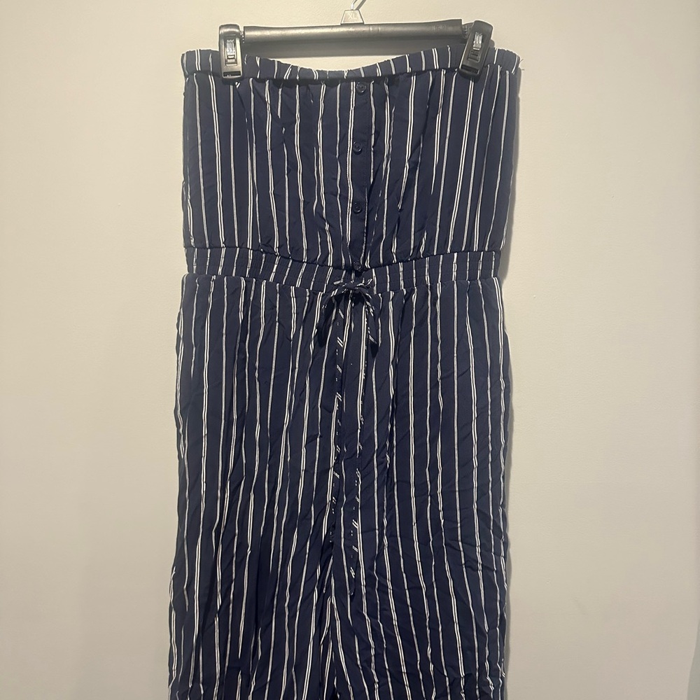 Strapless Navy Blue Striped Jumpsuit